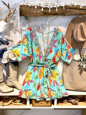 Aqua dream V Neck Floral dress Half Dolman Sleeve slouchy Fit Summer Beach vibe